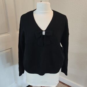CeCe Black V-Neck Sweater with Bow and Rhinestone Accent